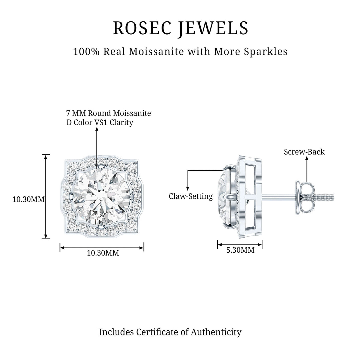 Certified Moissanite bridal stud earrings with halo design for women, featuring sparkling gemstones and elegant gold setting.
