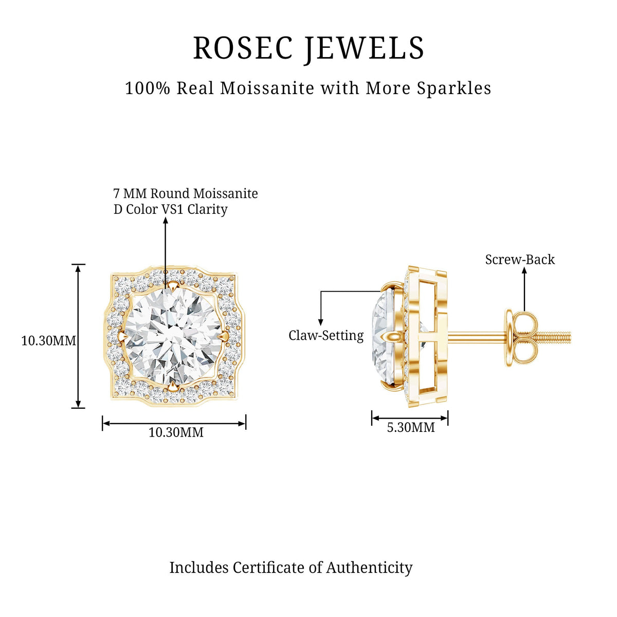 Rosec Jewels certified moissanite bridal stud earrings with halo design for women, showcasing sparkling gemstone details.