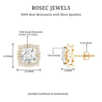 Rosec Jewels certified moissanite bridal stud earrings with halo design for women, showcasing sparkling gemstone details.