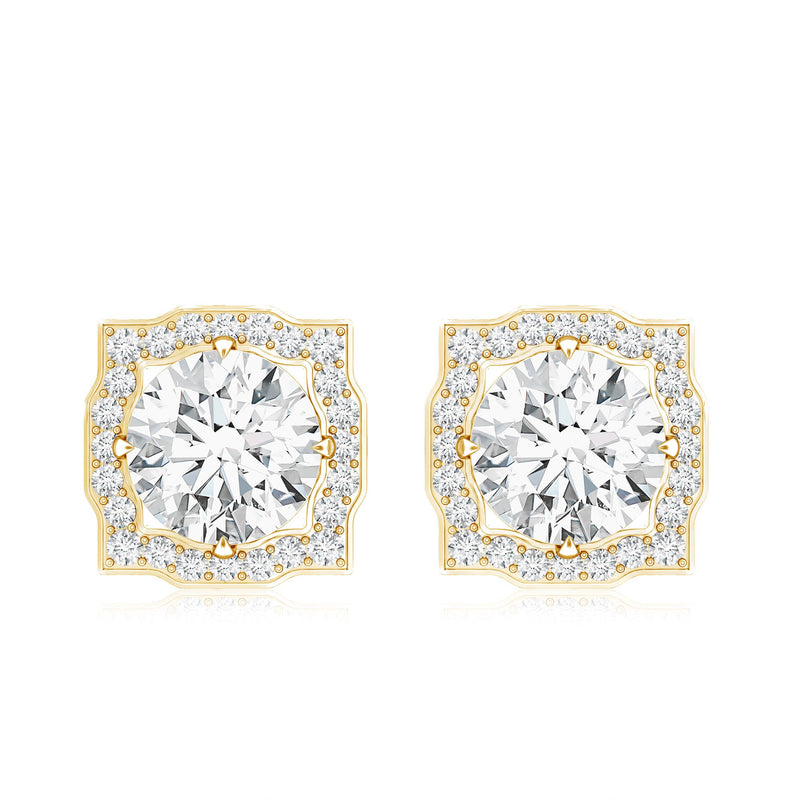 Certified Moissanite bridal stud earrings with halo design for women from Rosec Jewels, showcasing sparkling gemstone settings.