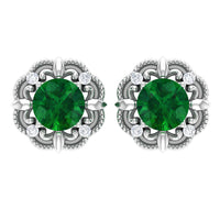 Vintage Inspired Emerald Diamond Earrings with Screw Back