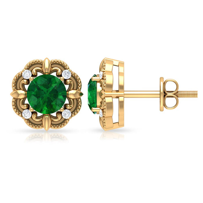 Vintage-inspired emerald diamond earrings with screw back by Rosec Jewels, featuring sparkling green gemstones and elegant metalwork.
