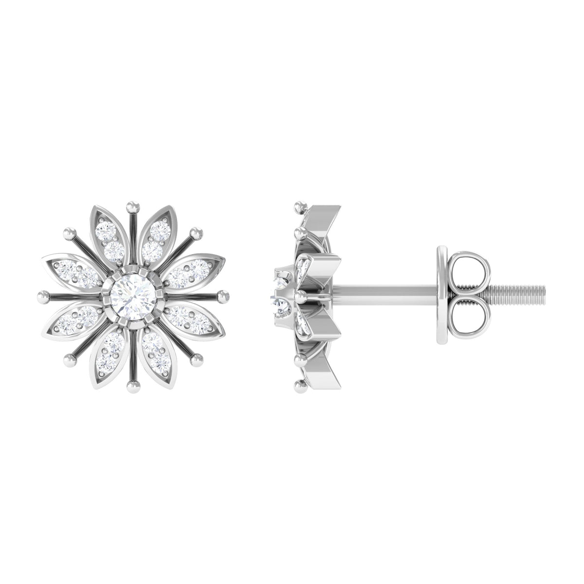 Natural Diamond Flower Stud Earrings with Screw Back