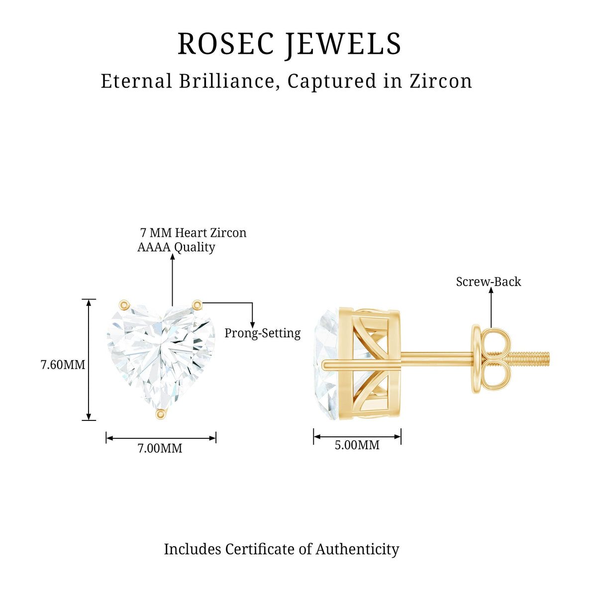 3 Carat Heart Shape Cubic Zirconia Solitaire Stud Earrings