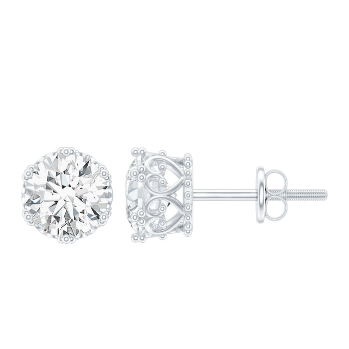 Round 1 Carat cubic zirconia crown stud earrings in silver with a sparkling gemstone setting, designed by Rosec Jewels.