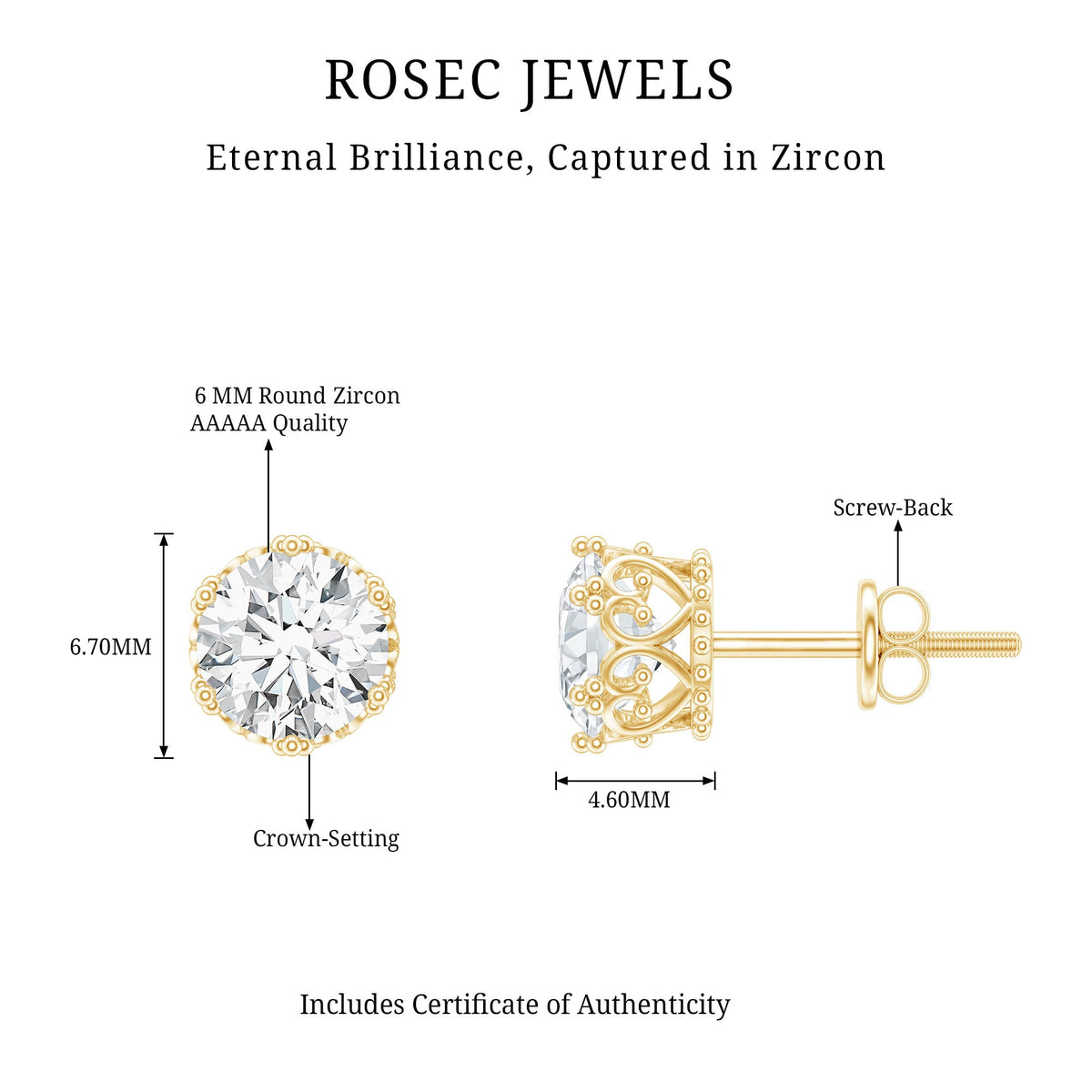 2 CT Round Cut Zircon Solitaire Stud Earrings in Crown Setting