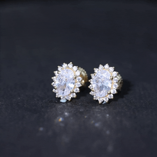 Certified 2 Carat Oval Cubic Zirconia Halo Stud Earrings in silver by Rosec Jewels, featuring sparkling oval stones and a sleek silver setting.