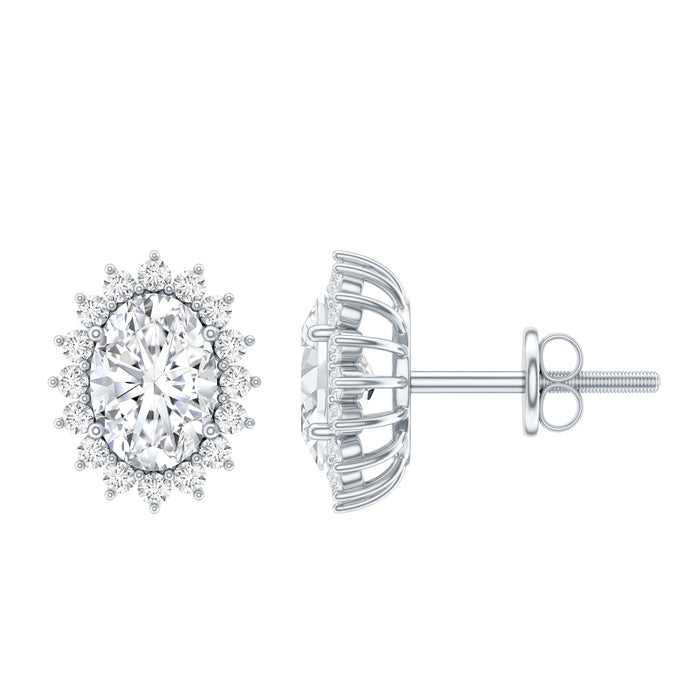Silver oval cubic zirconia halo stud earrings with 2 carats from Rosec Jewels, showcasing sparkling gemstone and elegant design.