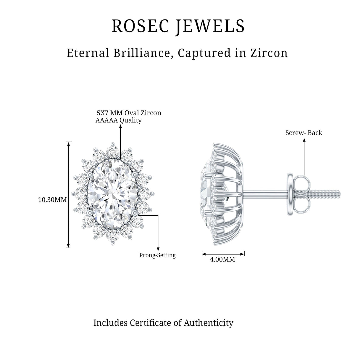 Certified 1.9 Carat Oval Cut Cubic Zirconia Studs