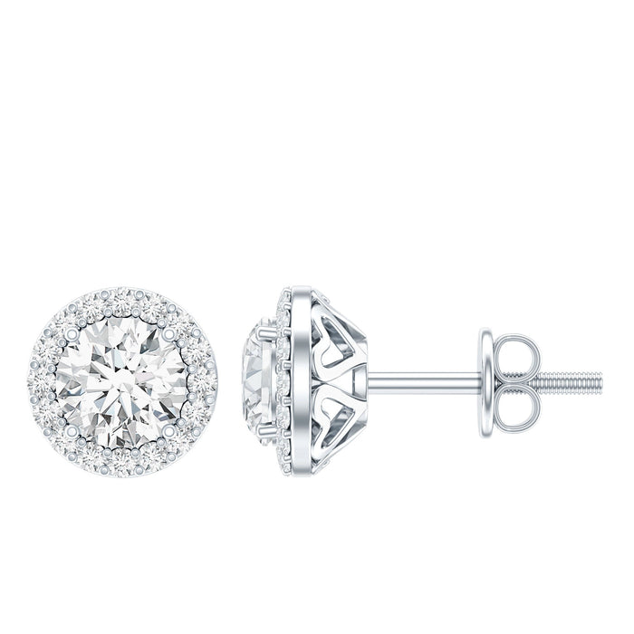 Certified 1 Carat Round Cut CZ Diamond Stud Earrings in silver with the Rosec Jewels logo on a white background.