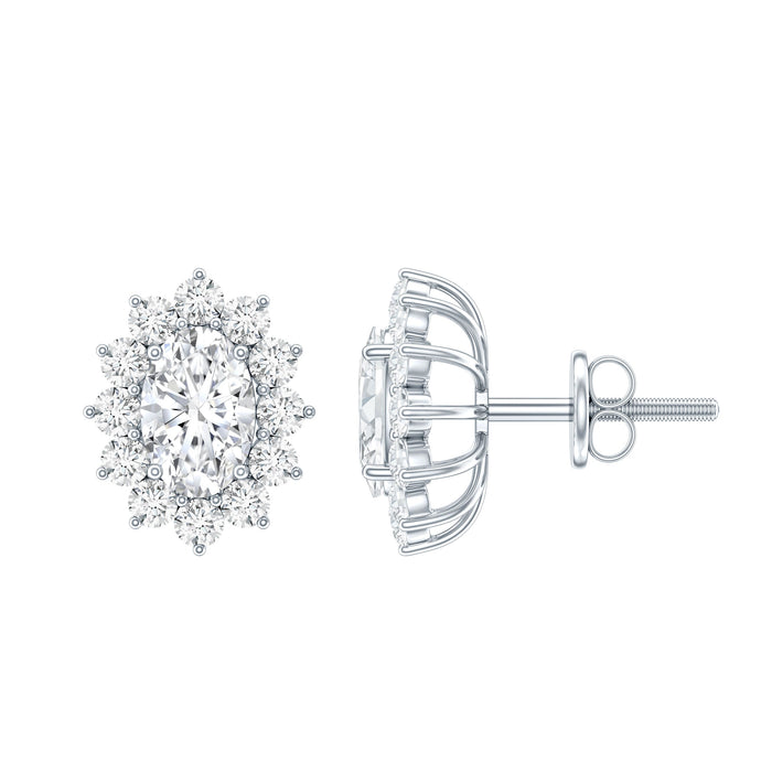 Oval Shaped CZ Diamond Halo Stud Earrings with Screw Back
