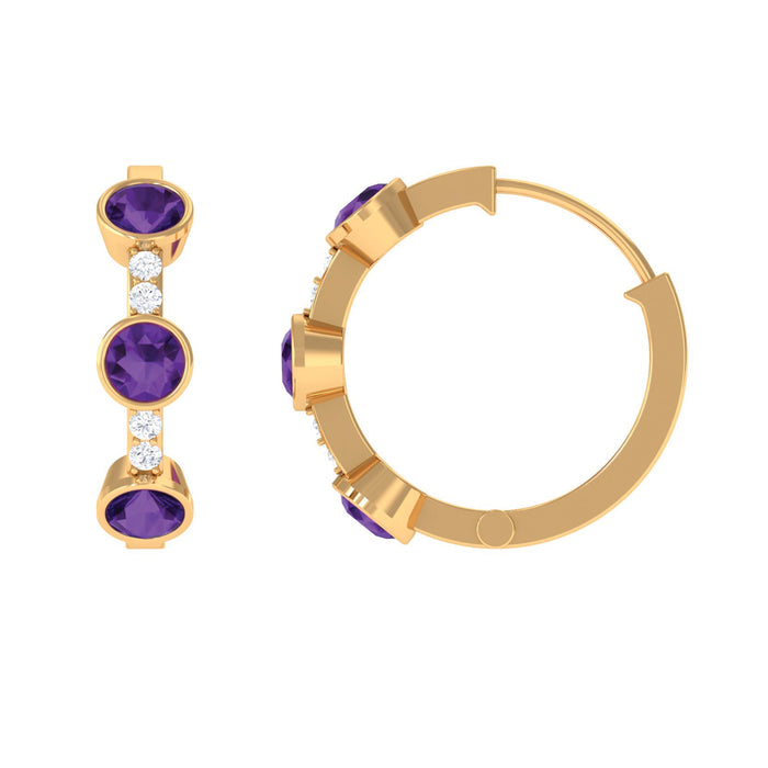 Certified natural amethyst hoop earrings with diamond accents from Rosec Jewels, showcasing elegant jewelry design.