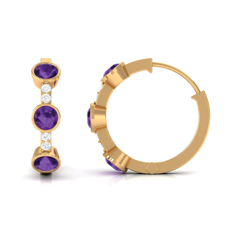 Certified natural amethyst hoop earrings with diamond accents from Rosec Jewels, showcasing elegant gemstone and metal design.
