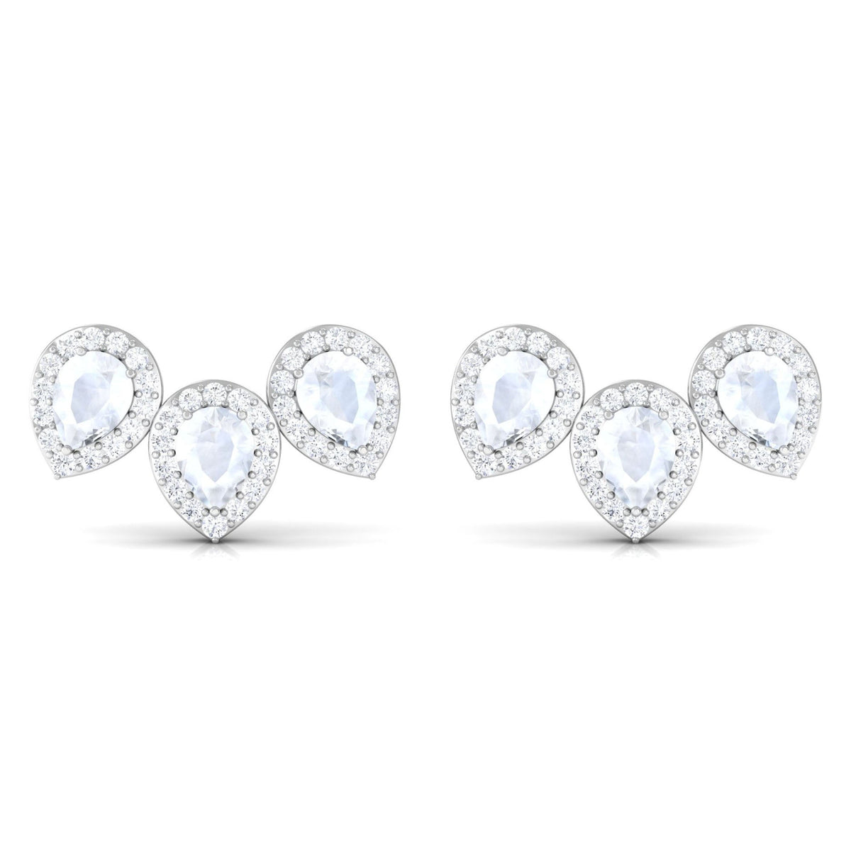 Pear Shape Moonstone Three Stone Bridal Stud Earrings with Diamond Halo