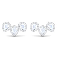 Pear Shape Moonstone Three Stone Bridal Stud Earrings with Diamond Halo