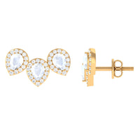 Pear Shape Moonstone Three Stone Bridal Stud Earrings with Diamond Halo