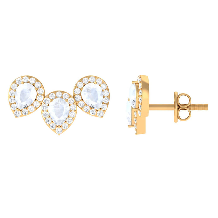 Pear-shaped moonstone three-stone bridal stud earrings with diamond halo by Rosec Jewels, featuring elegant gemstone and halo design.