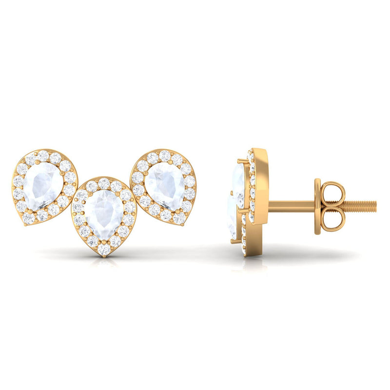 Pear shape moonstone three-stone bridal stud earrings with diamond halo by Rosec Jewels, showcasing elegant gemstone and halo setting.