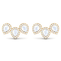 Pear Shape Moonstone Three Stone Bridal Stud Earrings with Diamond Halo