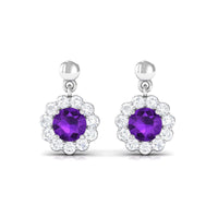 1.5 CT Real Amethyst and Diamond Flower Halo Drop Earrings