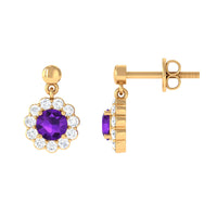 1.5 CT Real Amethyst and Diamond Flower Halo Drop Earrings