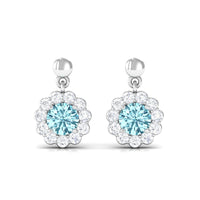 1 CT Real Aquamarine and Diamond Flower Halo Drop Earrings