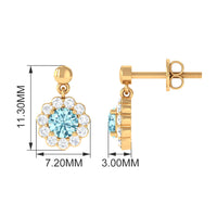 1 CT Real Aquamarine and Diamond Flower Halo Drop Earrings