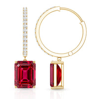 Emerald Cut Lab Created Ruby and Diamond Hoop Drop Earrings