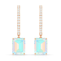Genuine Emerald Cut Ethiopian Opal Drop Hoop Earrings