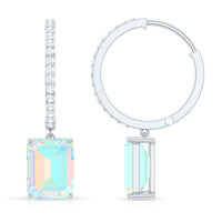 Genuine Emerald Cut Ethiopian Opal Drop Hoop Earrings
