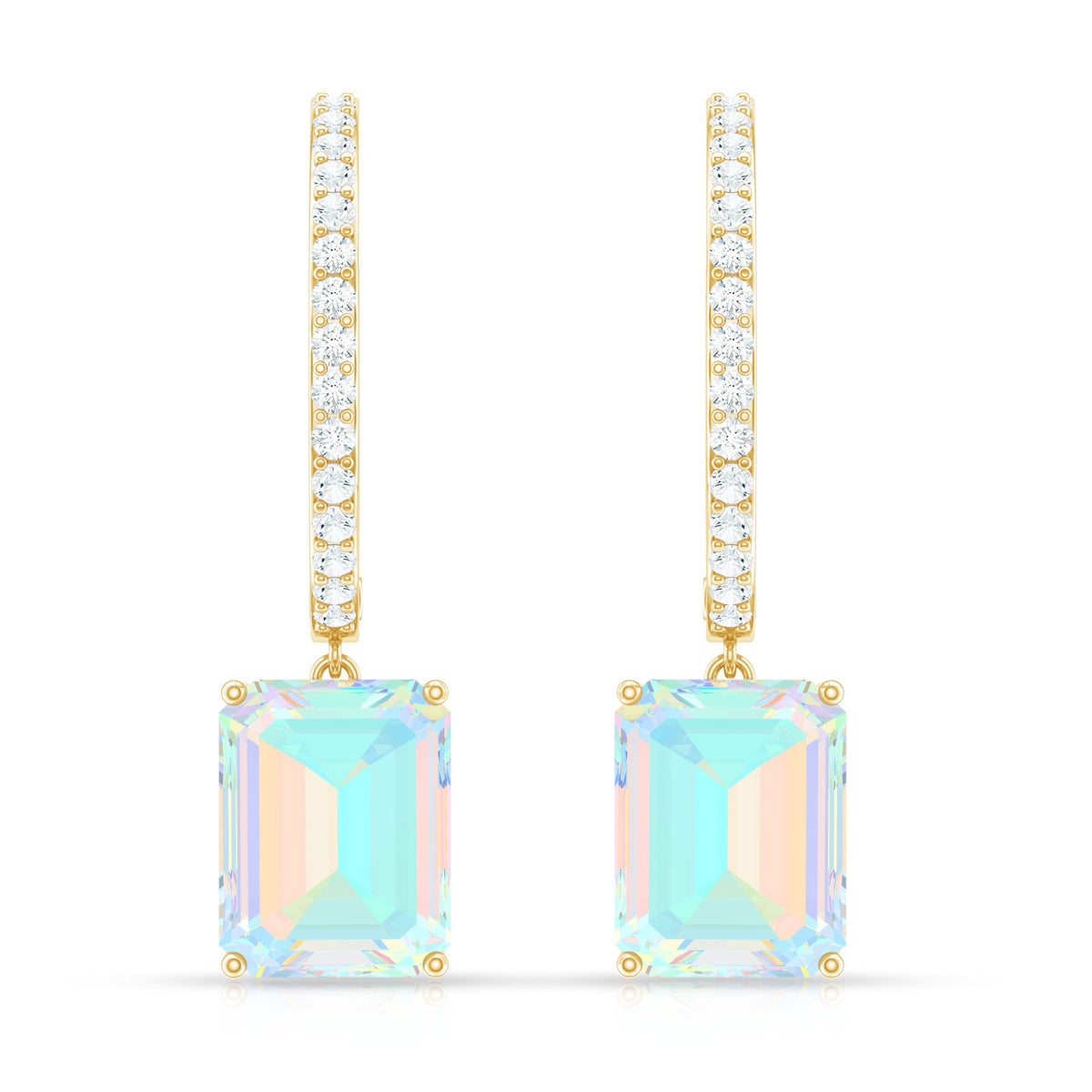Genuine Emerald Cut Ethiopian Opal Drop Hoop Earrings
