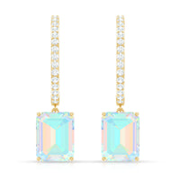 Genuine Emerald Cut Ethiopian Opal Drop Hoop Earrings