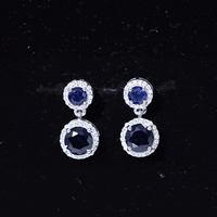Lab Created Blue Sapphire Wedding Dangle Earrings with Moissanite Halo