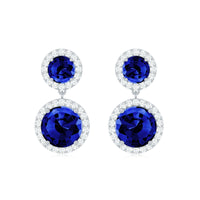Lab Created Blue Sapphire Wedding Dangle Earrings with Moissanite Halo