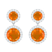 Natural Fire Opal and Diamond Halo Dangle Earrings