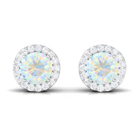 2 CT Round Ethiopian Opal Minimal Stud Earrings with Diamond Halo in Prong Setting