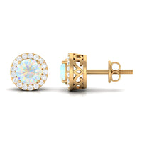 2 CT Round Ethiopian Opal Minimal Stud Earrings with Diamond Halo in Prong Setting