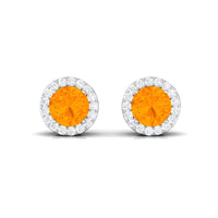 Round Fire Opal Minimal Halo Stud Earrings with Diamond