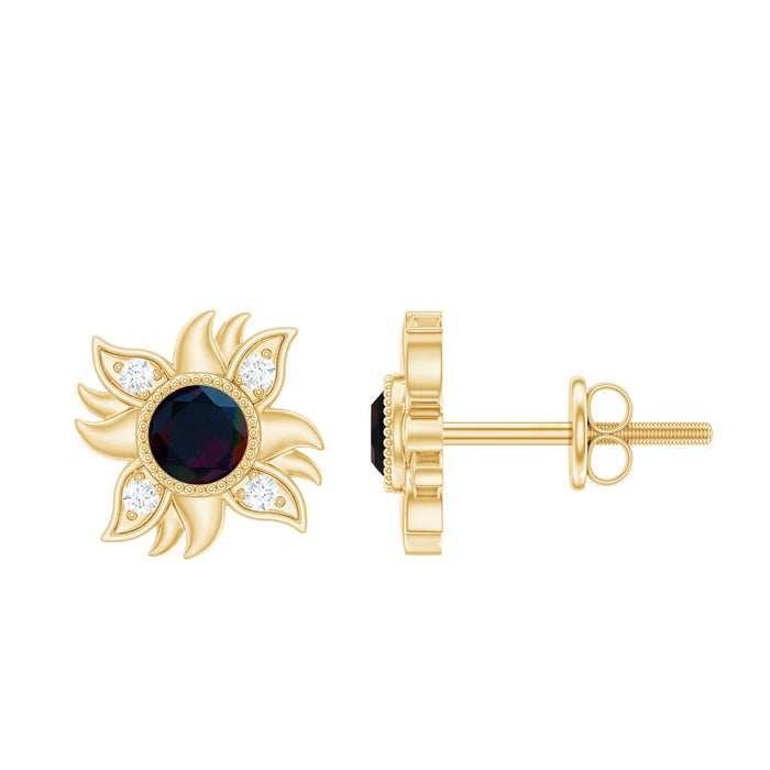 Genuine black opal sunburst stud earrings with diamond accents, crafted by Rosec Jewels, showcasing vibrant opal and sparkling diamonds.