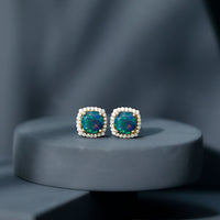 Round Shape Black Opal Stud Earrings with Moissanite Halo