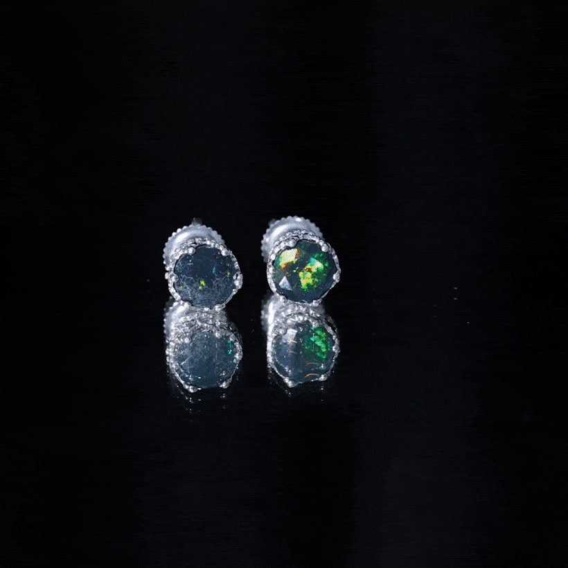 Natural black opal crown stud earrings with screw back from Rosec Jewels, featuring yellow and black opal accents.