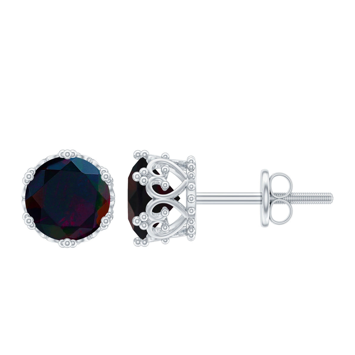 Natural black opal crown stud earrings with screw back, featuring elegant gemstone design by Rosec Jewels.