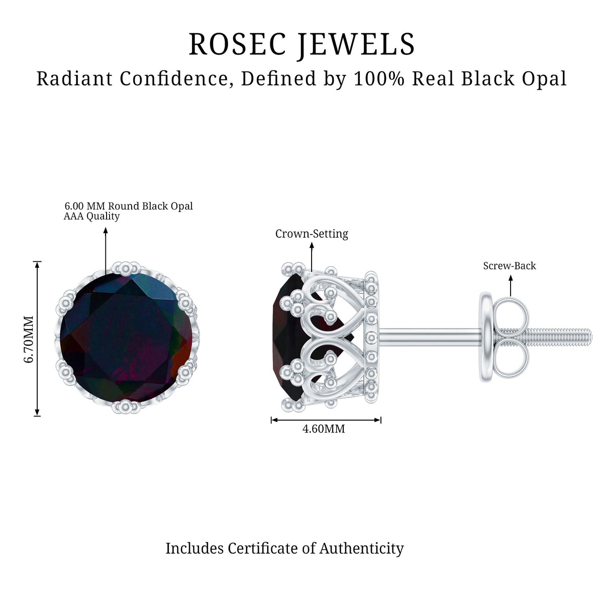 Natural 1.6 carat black opal crown stud earrings in silver with intricate detailing, designed by Rosec Jewels.