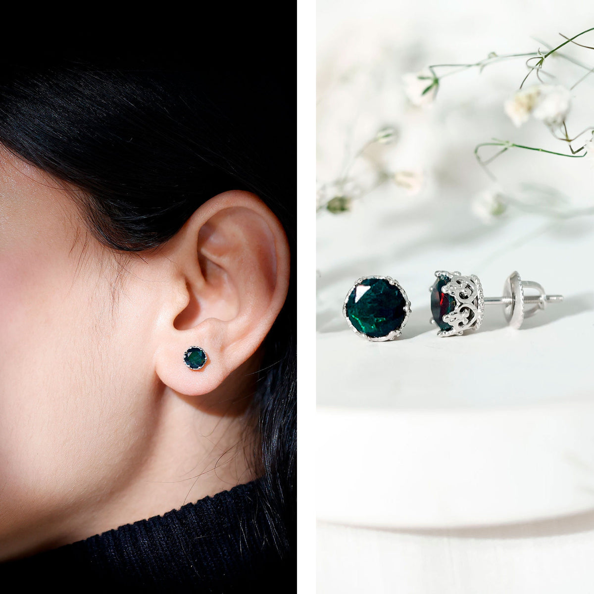 Natural black opal crown stud earrings with screw back by Rosec Jewels, featuring sparkling black opal stones and intricate crown design.