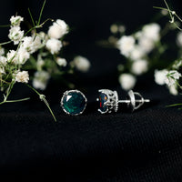 Natural 1.6 carat black opal crown stud earrings in sterling silver with intricate detailing, from Rosec Jewels.