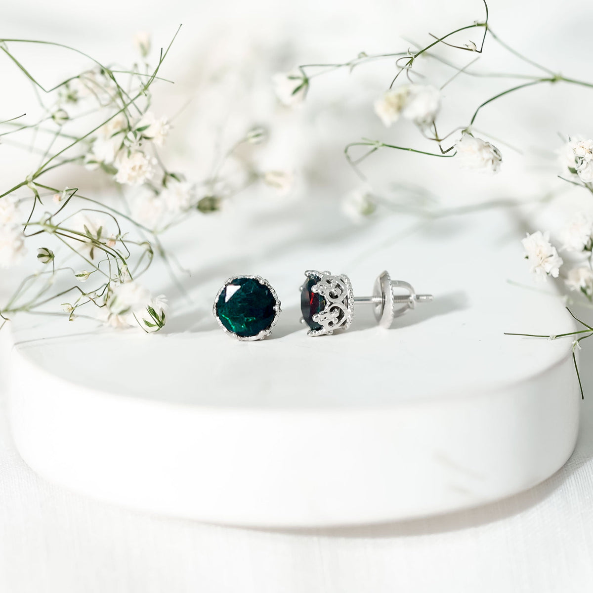 Natural 1.6 Carat Black Opal Crown Stud Earrings in silver with detailed gemstone setting, from Rosec Jewels.