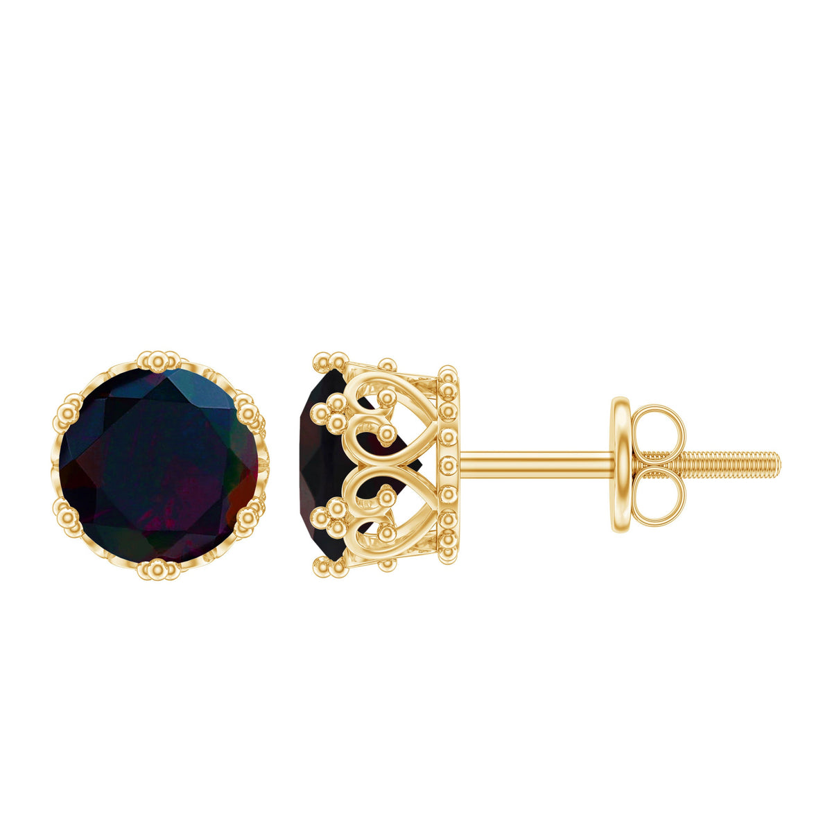 Natural black opal crown stud earrings with screw back from Rosec Jewels, showcasing elegant gemstone and secure fastening.