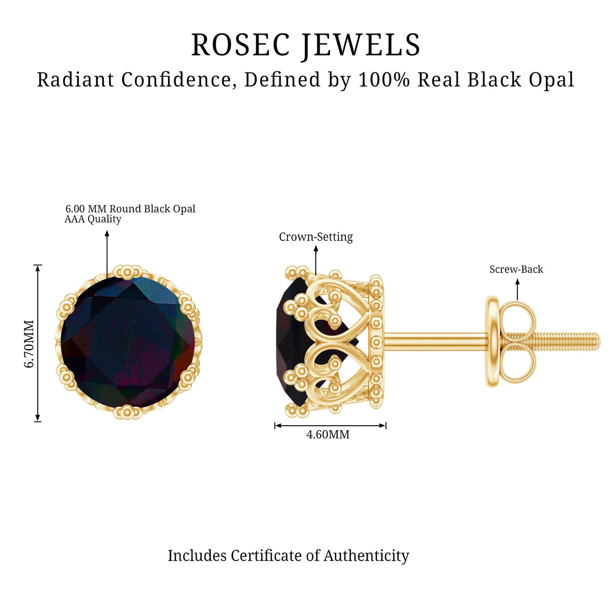 Natural black opal crown stud earrings with screw back by Rosec Jewels, featuring detailed crown design and secure fastening.