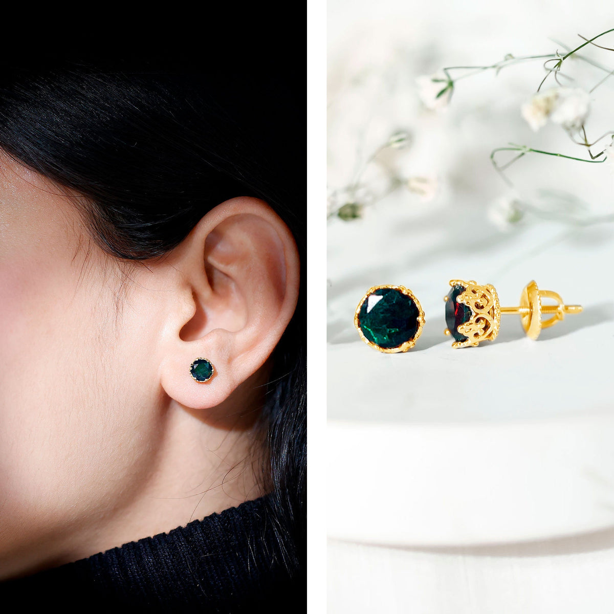 Natural black opal crown stud earrings with screw back from Rosec Jewels, showcasing elegant gemstone design and secure fastening.