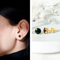 Natural black opal crown stud earrings with screw back from Rosec Jewels, showcasing elegant gemstone design and secure fastening.